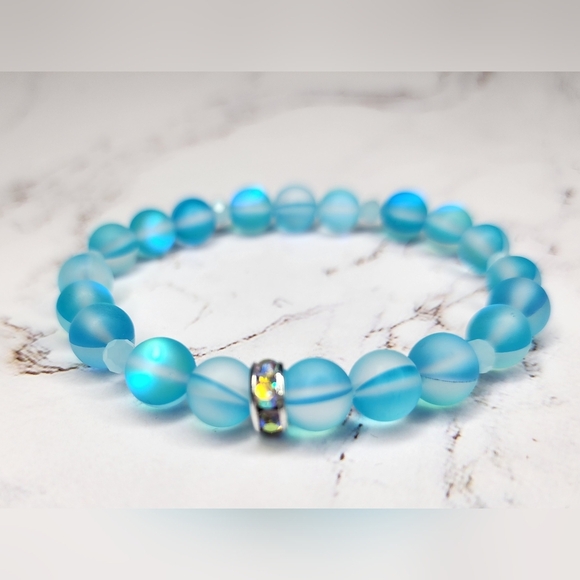 Matte teal Mermaid bead stretch bracelet rhinestone Beautiful Design FreeSpirit - Picture 1 of 7